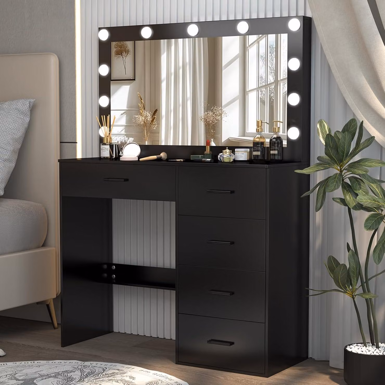 Comò da trucco con grande specchio e illuminazione a LED, dotato di 5 cassetti, colore nero, dimensioni 80 x 131 cm