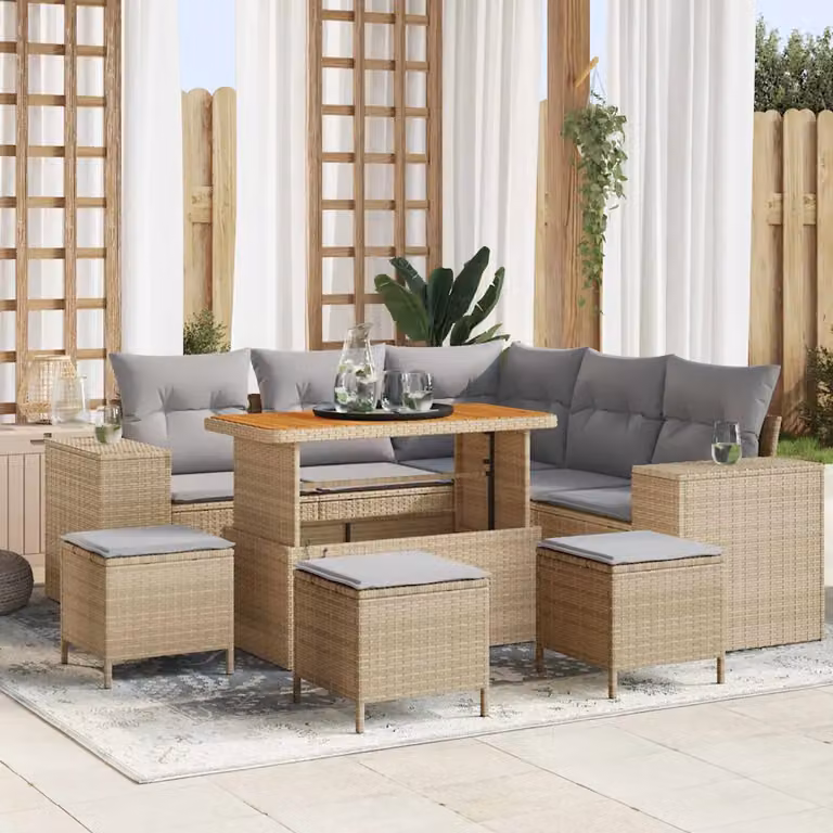 Set Divano da Giardino vidaXL 9 Pezzi con Cuscini Beige e Grigio per 8 Persone con Tavolino e Ottoman in Acciaio Verniciato a Polvere
