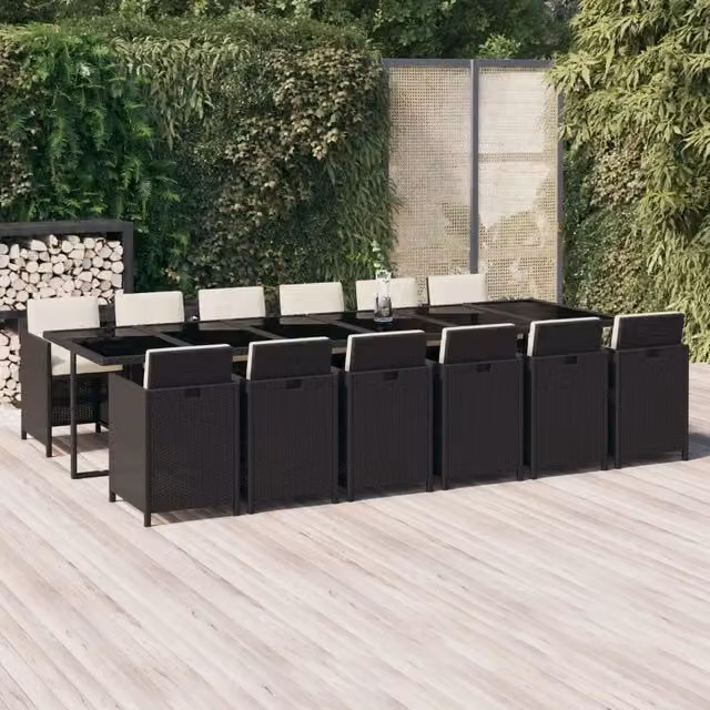 Set da pranzo da giardino vidaXL in polyrattan nero con tavolo in vetro e 13 pezzi con cuscini bianchi – 1