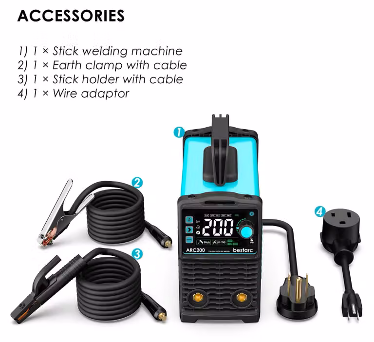 Saldatrice elettrica ad arco – MMA/ARC 200A, inverter – saldatura TIG (con accensione a sollevamento) – IGBT – 220–240V, spina europea – display LED – funzione "Hot Start"