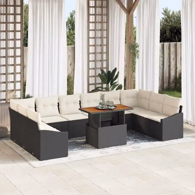 Set Divano da Giardino vidaXL in Polyrattan con Legno di Acacia, 11 Pezzi, Nero e Beige