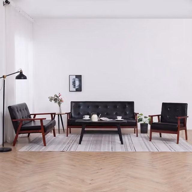 Set di divani 3 pezzi vidaXL in similpelle nera con struttura in legno massello per soggiorno in stile mid-century – 1