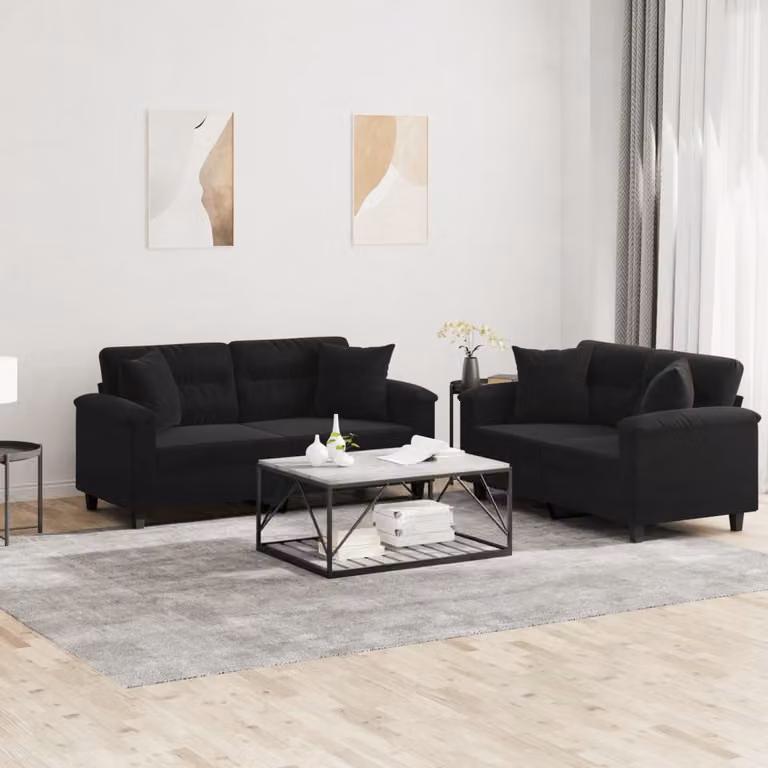 Set di 2 divani vidaXL in microfibra nera con cuscini per soggiorno in stile moderno