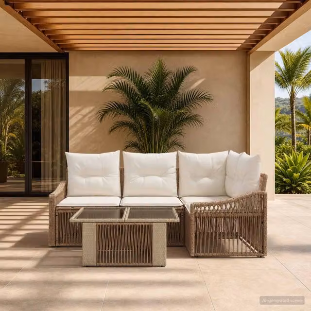 Set Divano da Giardino 5 Pezzi vidaXL in Polyrattan Beige e Bianco con Tavolino e Cuscini