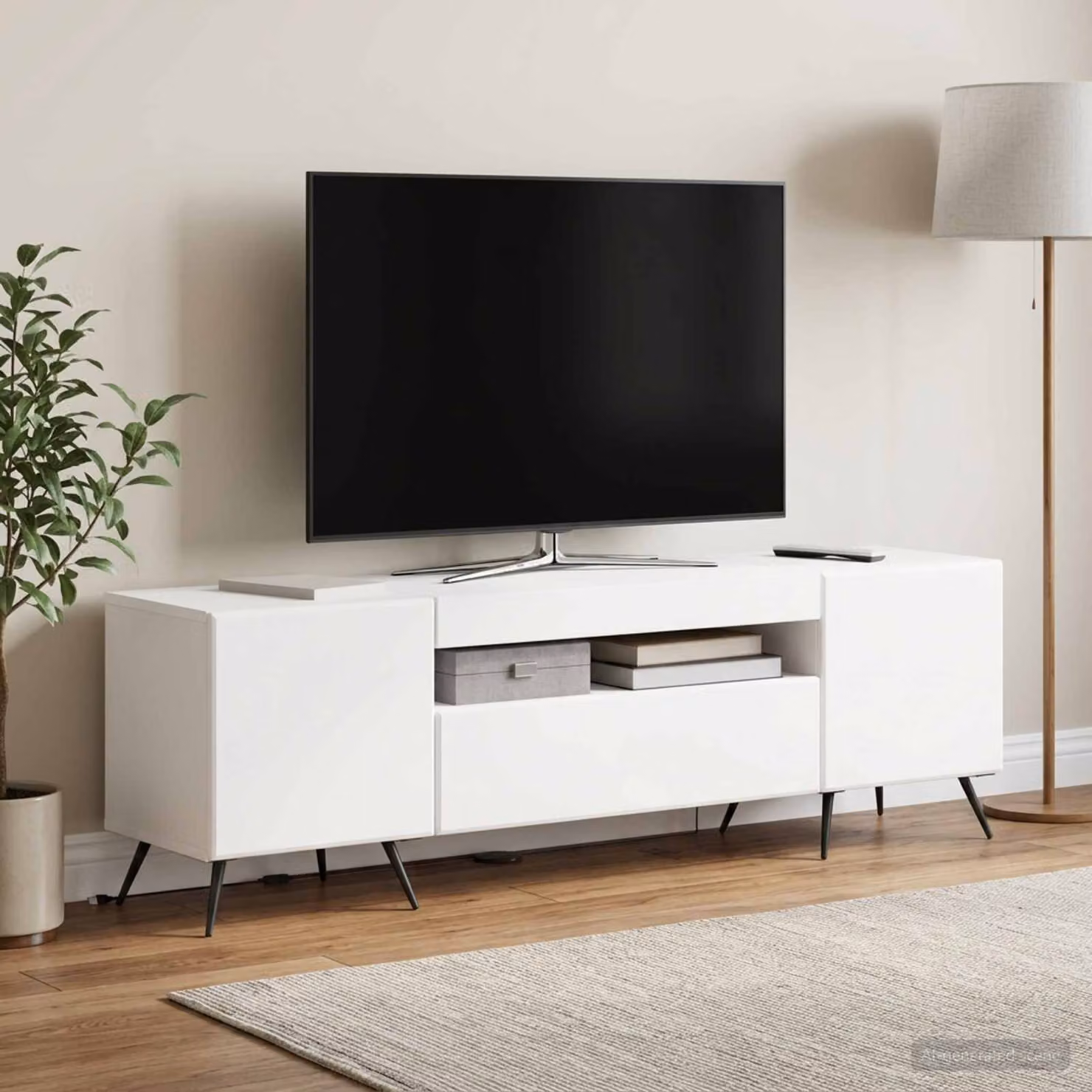 Mobile TV LED vidaXL Bianco e Legno in MDF con Illuminazione Integrata e Compartimenti Media per Soggiorno