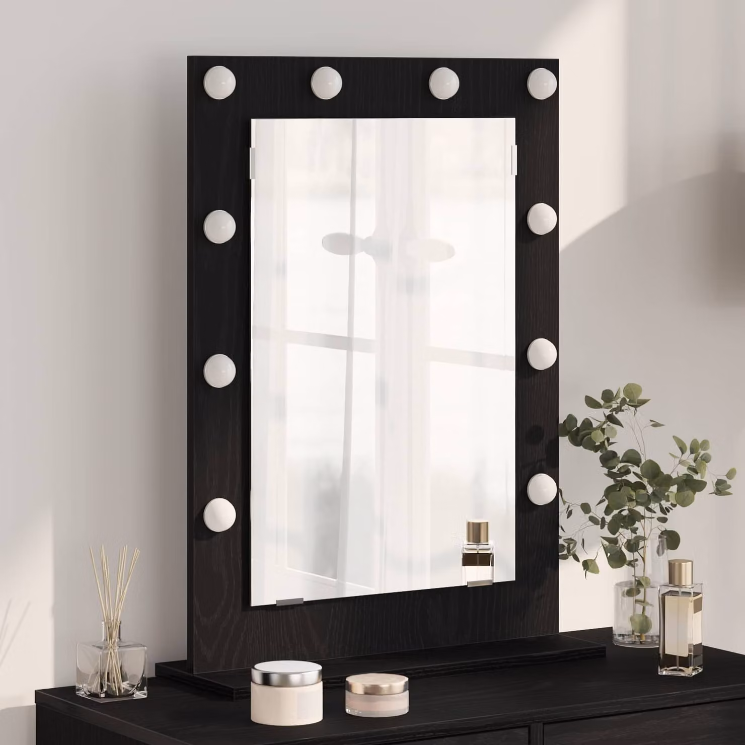 Specchio da Vanità vidaXL con Luce LED e Ricarica USB, Design Moderno Rettangolare, Nero, L: 70 cm, P: 50 cm, H: 18 cm