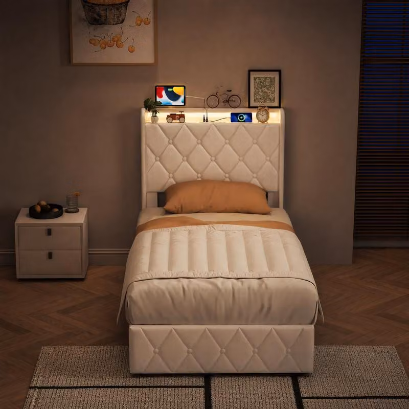 Letto imbottito UnboxG, 90x200 cm, beige, in velluto, con contenitore, letto con sistema di sollevamento idraulico, illuminazione LED, porta USB e porta di tipo C, letto singolo con rete a doghe