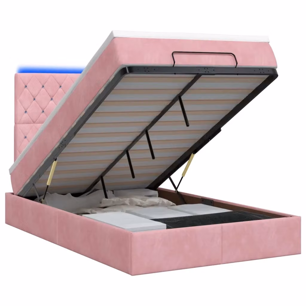 Letto Ottomano vidaXL in Velluto Rosa e Bianco con Materasso Ibrido e Illuminazione LED sotto il letto L/P/H: 120 x 200 x 88 cm – 2