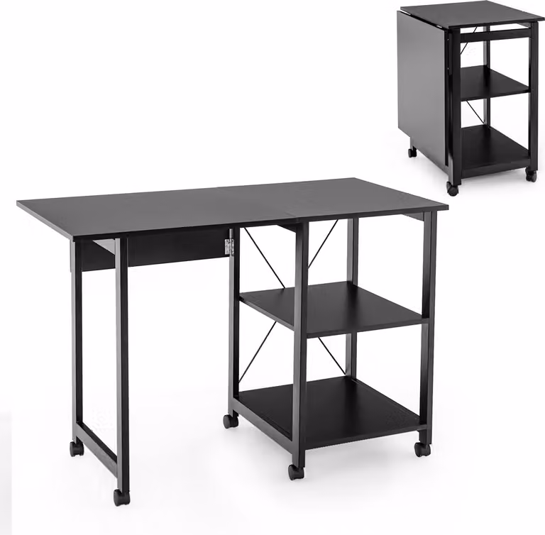COSTWAY Scrivania pieghevole per computer, scrivania con 2 vani portaoggetti e 6 ruote, scrivania da lavoro nera