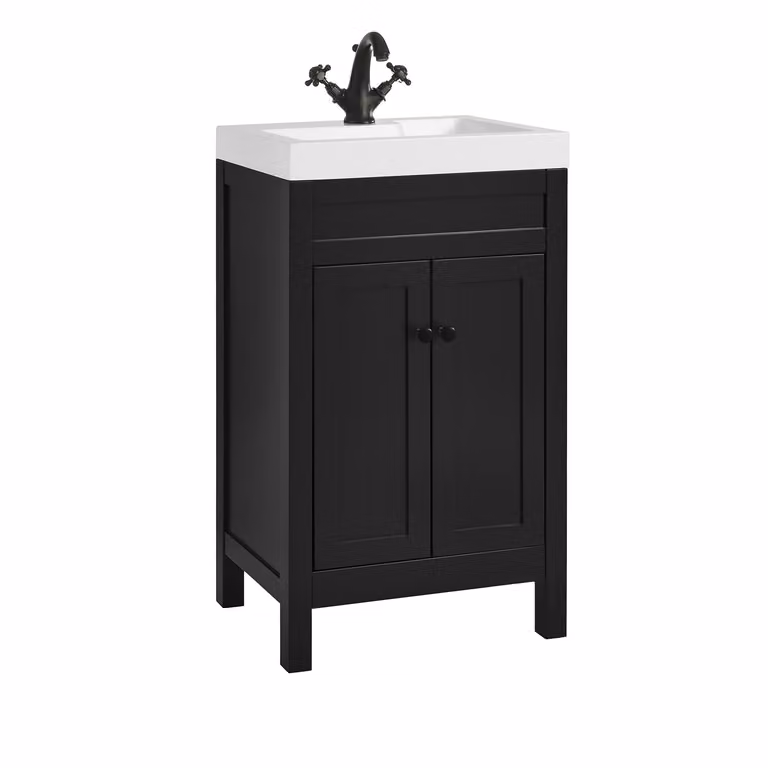 Mobile Bagno Grigio Nero da 500mm con Lavabo e Maniglie Classiche Rotonde Nere - Warwick