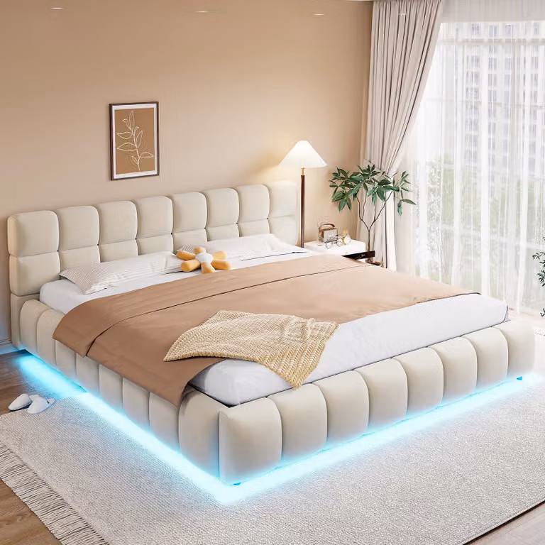 Letto imbottito idraulico Flieks 180x200 cm con contenitore, letto matrimoniale per ragazzi con contenitore e rete a doghe, letto boxspring in velluto, beige