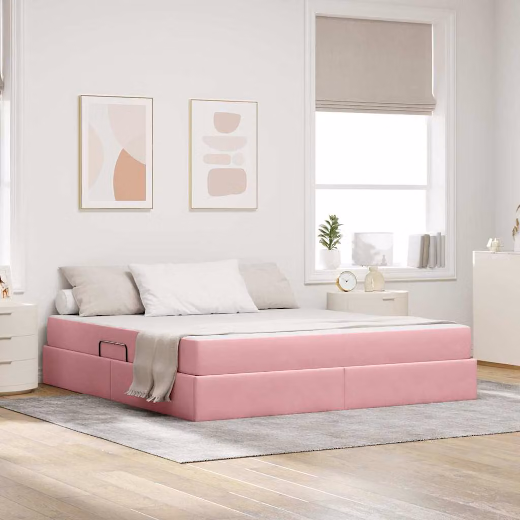 Letto con contenitore e materasso ibrido vidaXL in velluto rosa L: 180 cm, P: 200 cm, H: 280 cm – 1
