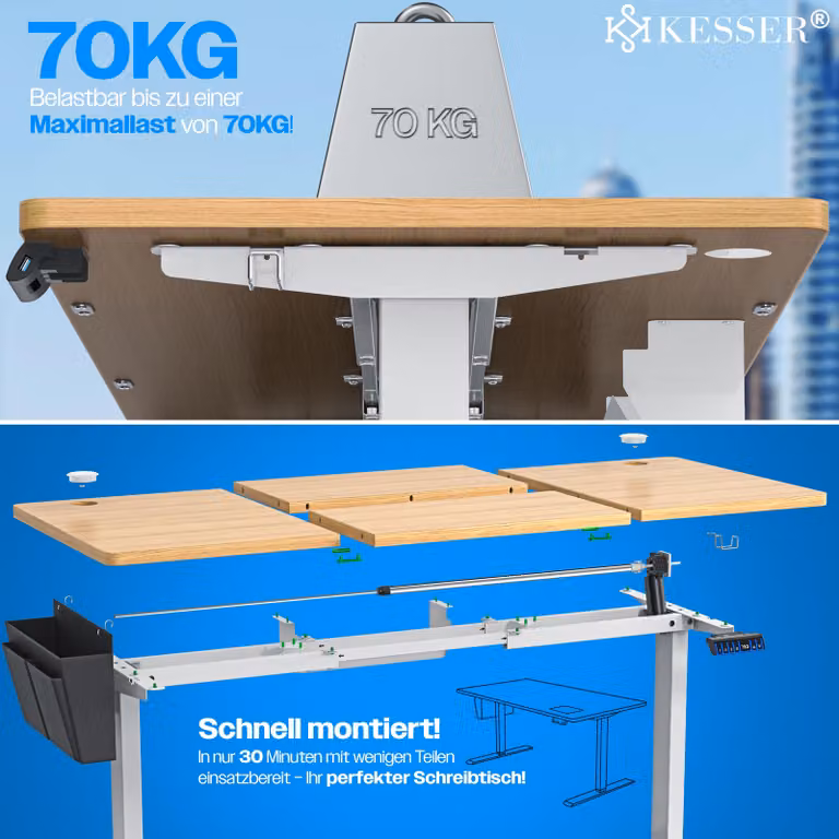 Scrivania regolabile in altezza KESSER®, elettrica, con memoria a 3 posizioni, inclusi rotelle e porta USB