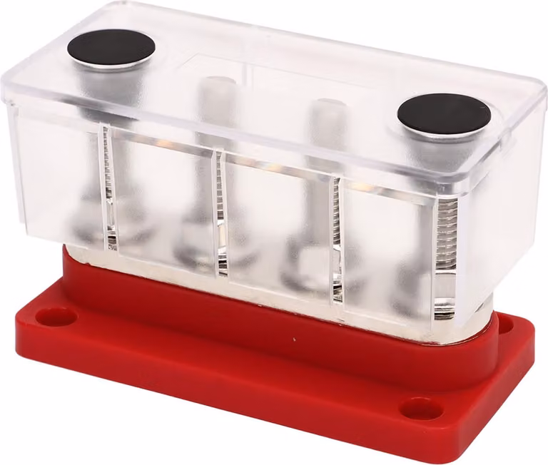 blocco di distribuzione dell'alimentazione a 4 poli, bullone M10 da 3/8 di pollice, sbarra per batteria con copertura, da 12 V a 48 V DC, 300 A, per auto, barche, camper, rosso