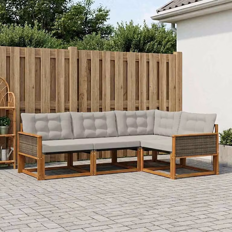 vidaXL Set di divani da esterno a L in legno di acacia con cuscini, Naturale e Grigio Chiaro