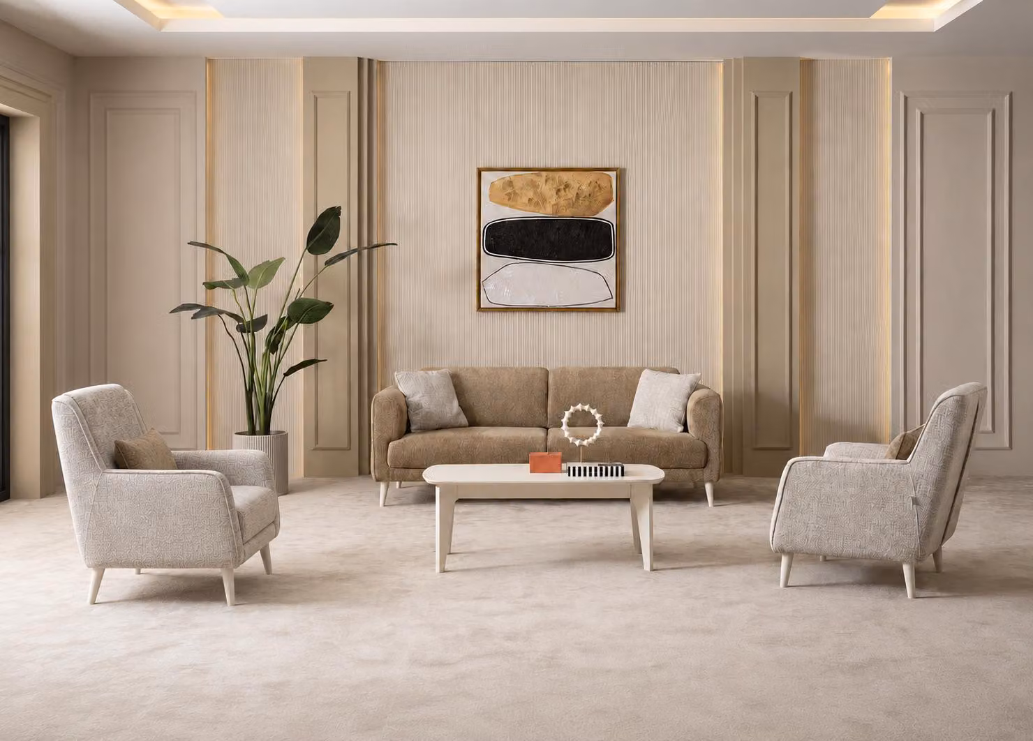 Sofa 3-Sitzer Braun Beige Stoff 2 Sessel Modern Polstergarnitur