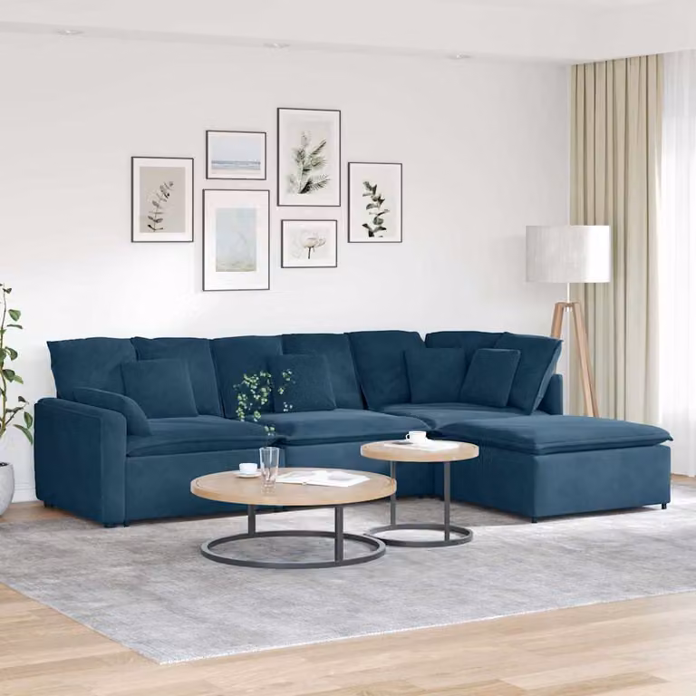 vidaXL Divano Modulare a L in Velluto Blu con Poggiapiedi e Cuscini, Design Moderno Reversibile