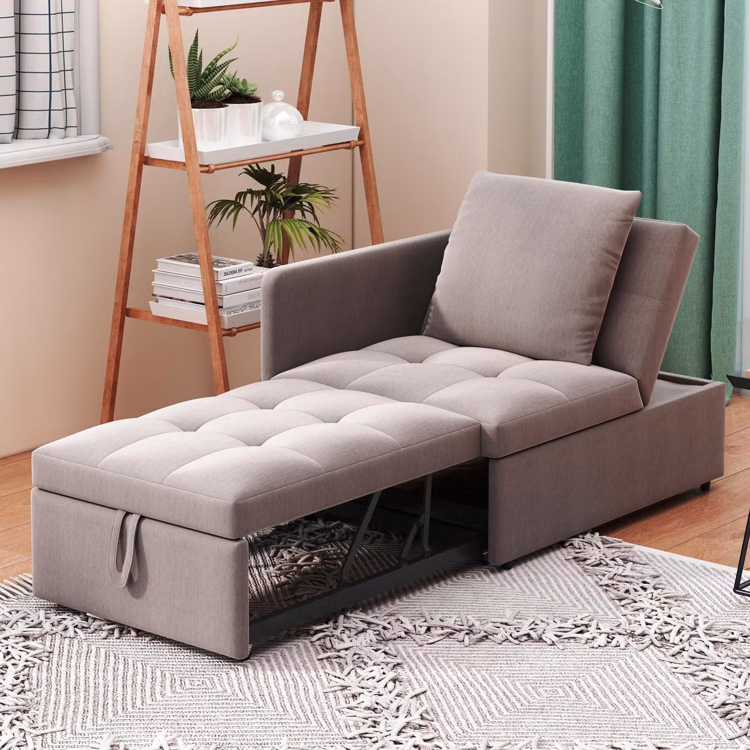 Divano letto 3 in 1, divano multifunzionale in tessuto di lino, schienale regolabile, colore grigio