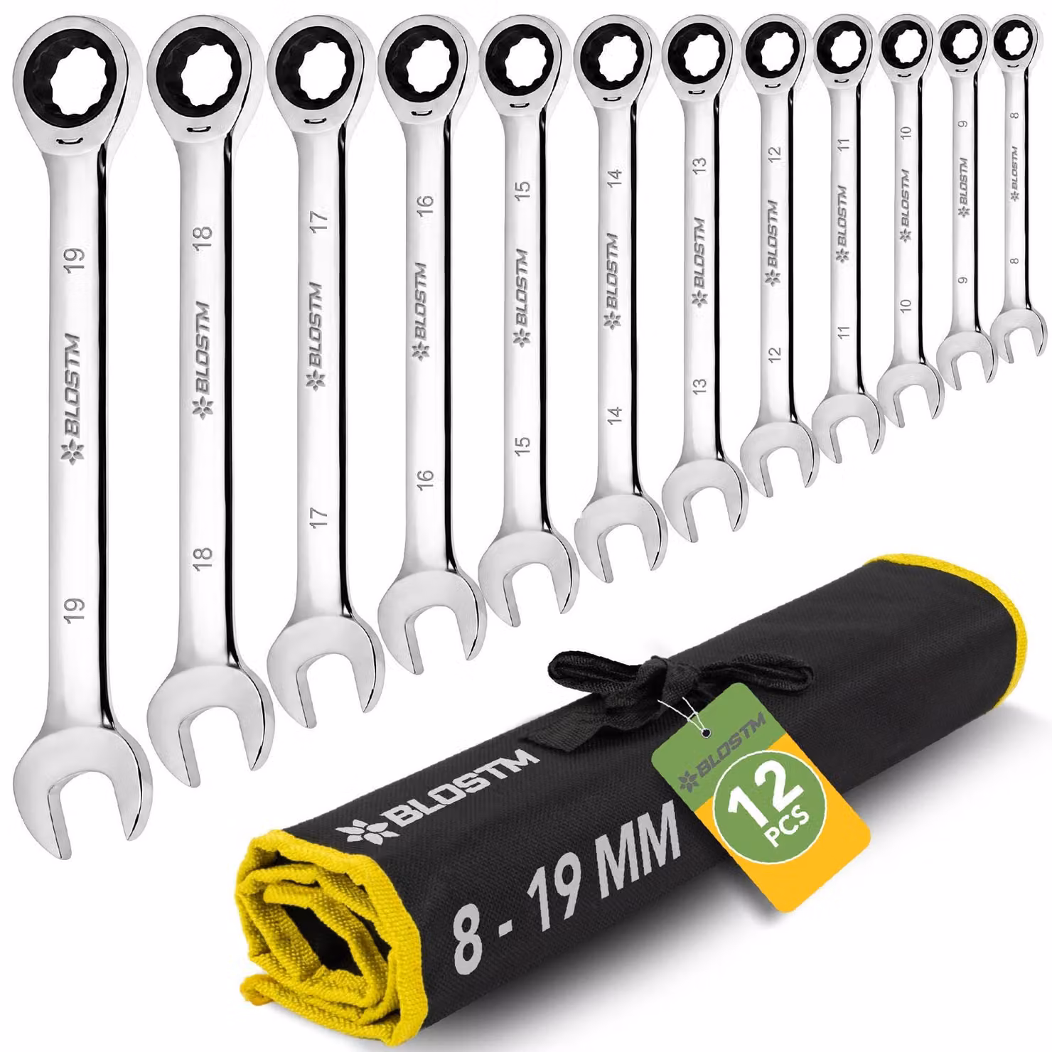 Set di chiavi a bussola - 12 pezzi, sistema metrico da 8 mm a 19 mm, acciaio Cr-V, con custodia portaoggetti