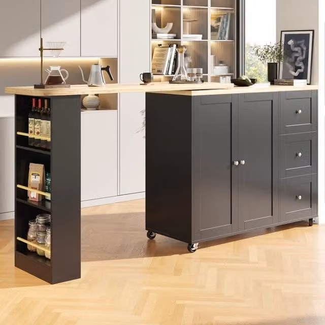 Isola cucina bianca con piano pieghevole; 140 x 70 x 90 cm; MDF e metallo