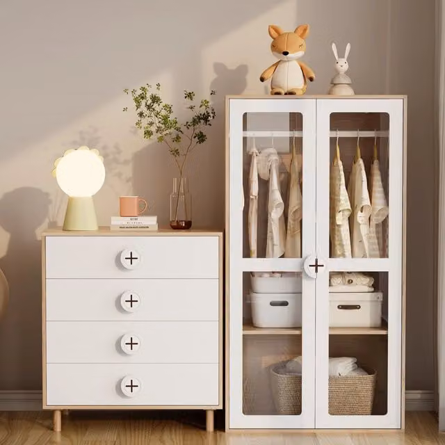 Armadio con Cassettiera Set Mobili Camera da Letto in MDF Bianco e Legno Naturale