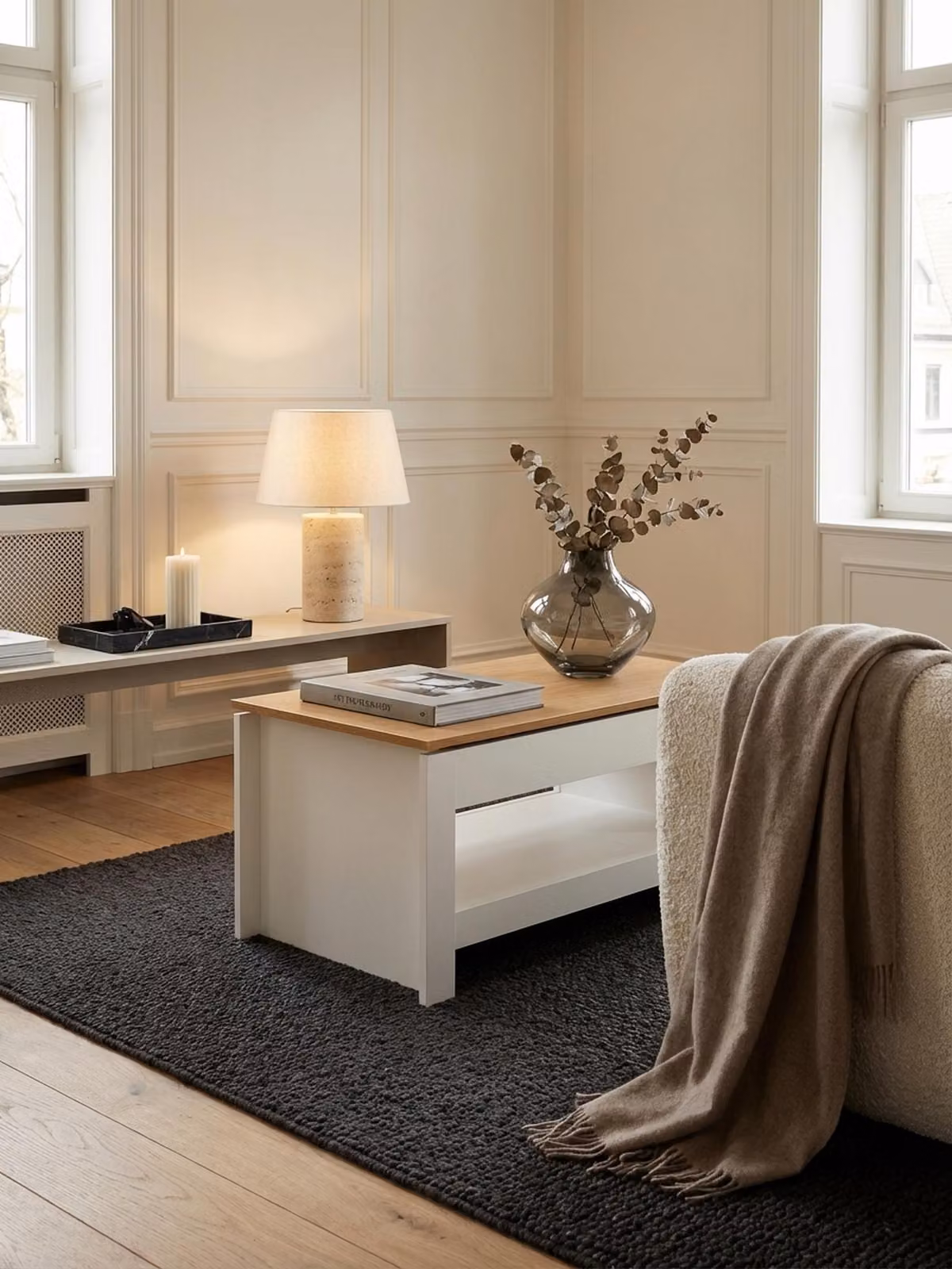 Tavolino bianco / rovere 85x47x45 cm Tavolino da salotto con vano contenitore, tavolino design con ripiano Moderno, tavolino da caffè Tavolino da salotto Angolare