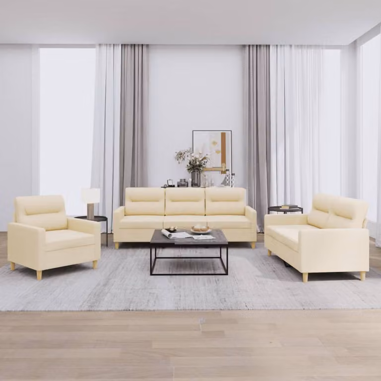 Set di divani 3 pezzi vidaXL in tessuto beige con cuscini per soggiorno moderno
