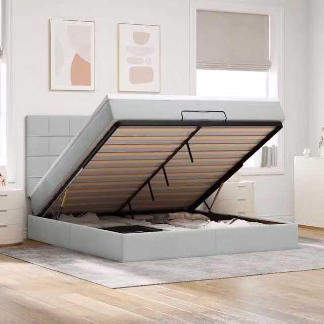 Letto con contenitore a sollevamento vidaXL in velluto grigio e bianco L 200 x P 200 x H 280 cm – 1