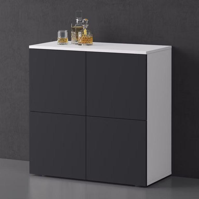 doporro Mobile Organizzatore Credenza Buffet in Legno con 4 Ante Push-to-Open e Soft-Close per Soggiorno, Sala da Pranzo o Ingresso, 76x36,4x76 cm Bianco opaco e Antracite opaco Schrank04