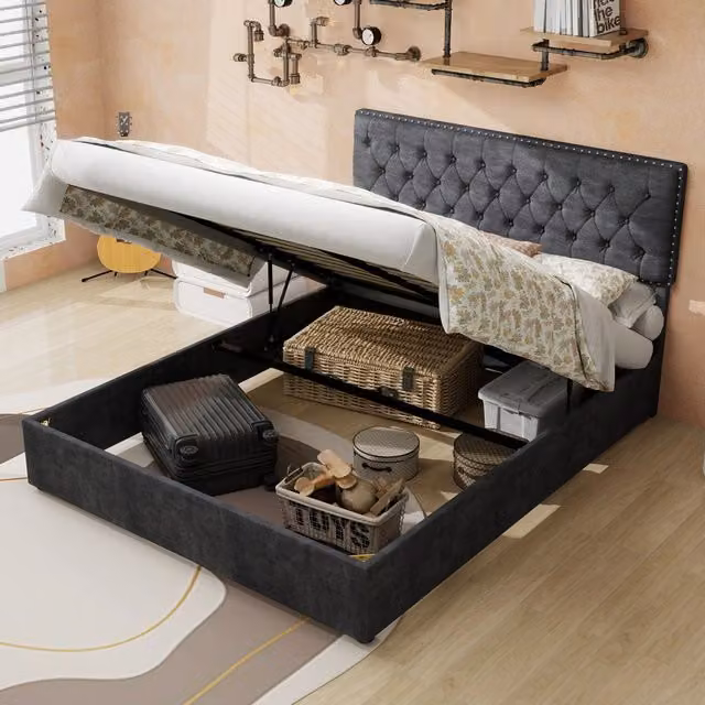 Letto matrimoniale OKWISH con contenitore a sollevamento, testiera imbottita in tessuto e struttura in metallo, L/P/H: 140 x 200 cm, grigio