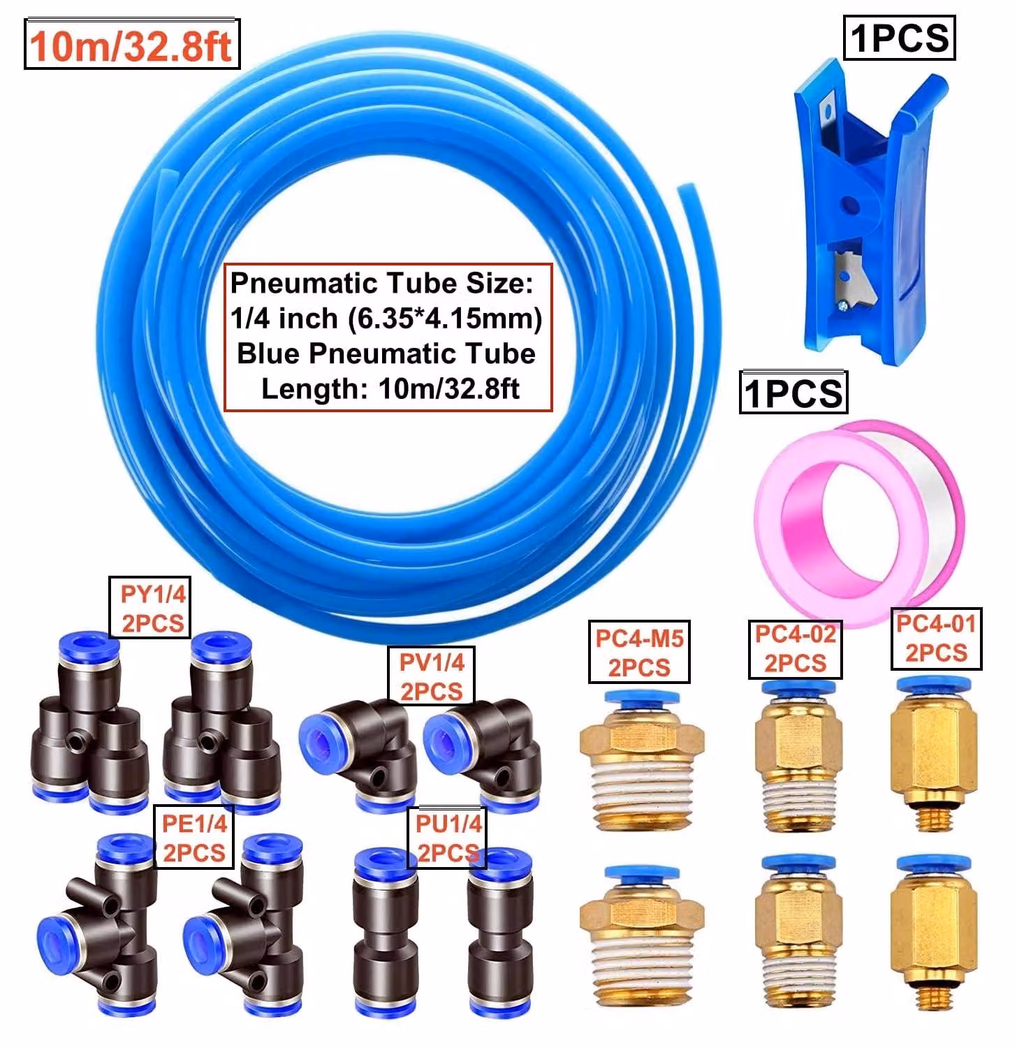 Tubo pneumatico da 10 metri - in poliuretano - diametro esterno di 6 mm - 14 raccordi - taglia-tubi - alta flessibilità - tubo per aria compressa