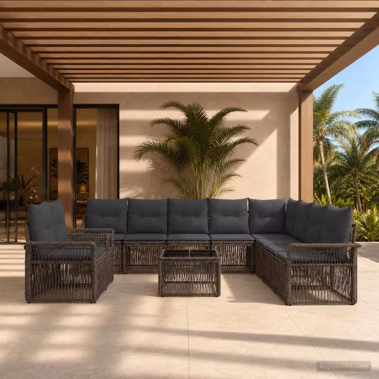 Set Divano da Giardino vidaXL 11 Pezzi Grigio con Poltrone, Divani e Tavolino in Polyrattan e Metallo