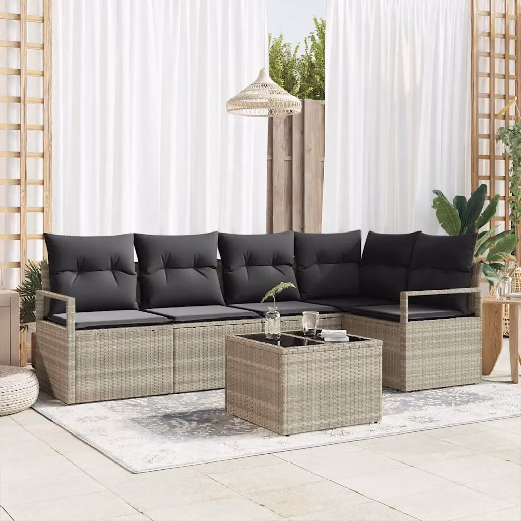 Set di divani da giardino vidaXL in polyrattan grigio con cuscini e tavolino da esterno, design moderno a forma di L per 6 persone – 1