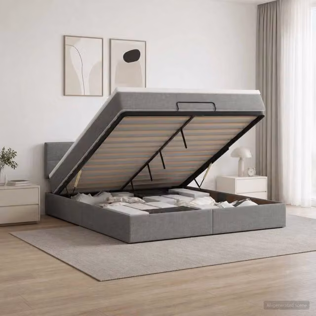 Letto ottomano con materasso vidaXL in tessuto grigio, base a sollevamento, L/P/H: 140 x 190 x 88 cm