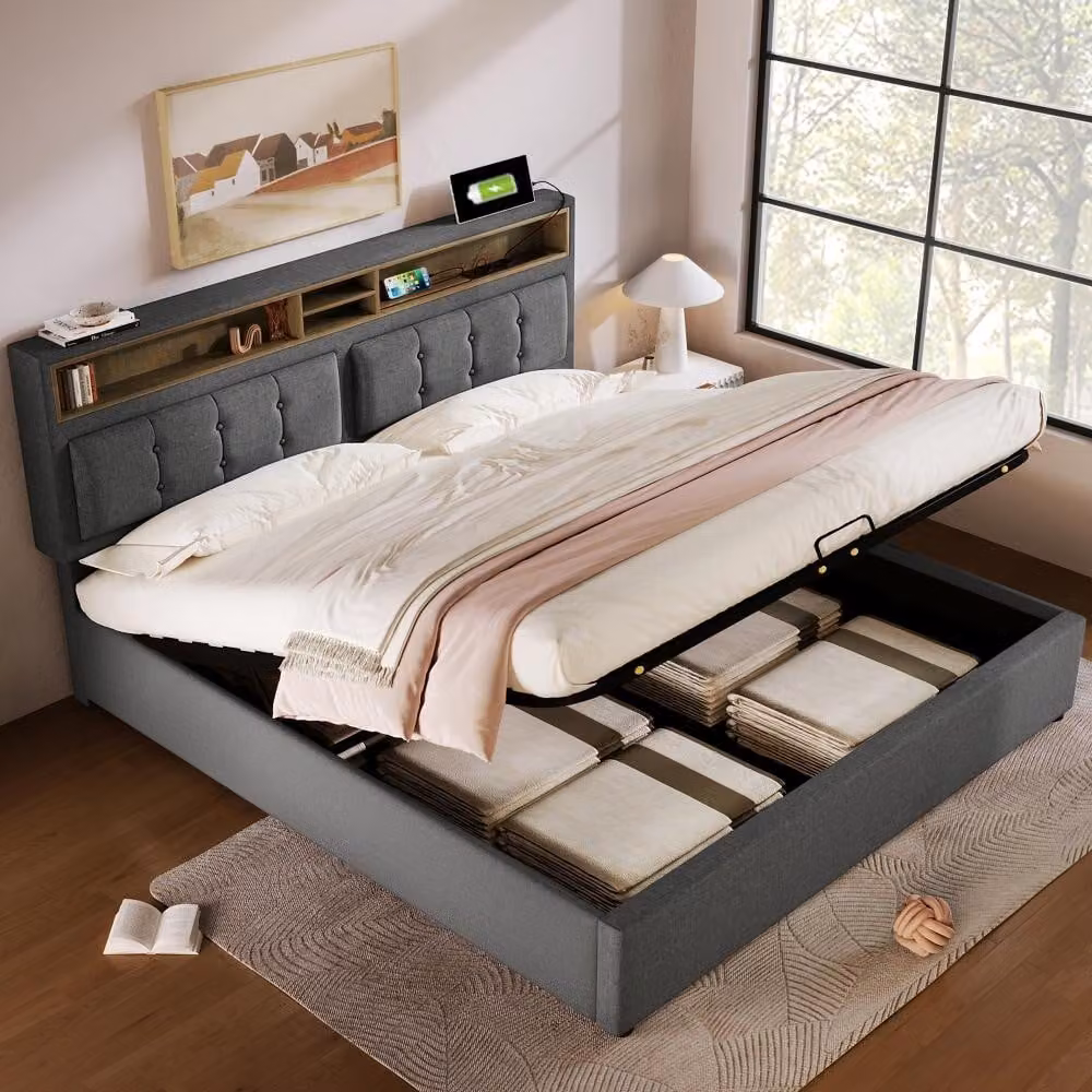 Letto imbottito 90x190 cm con letto a scomparsa, testiera con vani contenitori integrati, striscia LED e prese di corrente, rivestito in velluto color grigio scuro