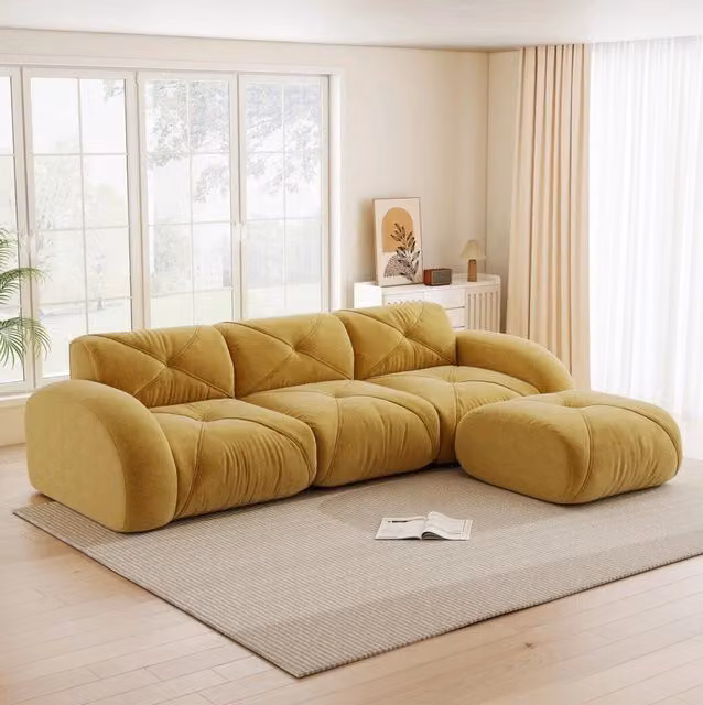 Divano modulare in chenille gialla; 281x171x76 cm; schiuma 32D; portata 200 kg per seduta