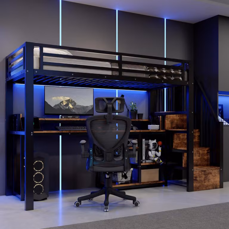 Letto a soppalco in metallo, dimensioni 90 x 200 cm, con scaffalatura a scala, ripiano portaoggetti, prese USB e di tipo C, striscia LED, ringhiera di sicurezza, senza materasso, colore nero