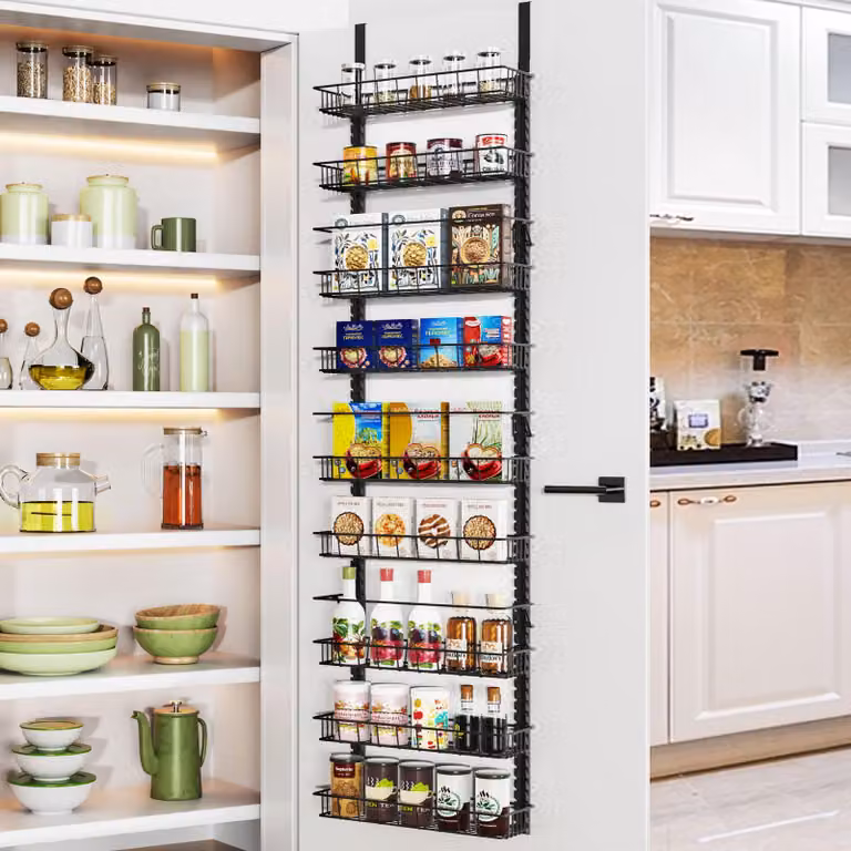 Organizzatore per dispensa da appendere alla porta, con 9 cesti, regolabile, da montare a parete, colore nero