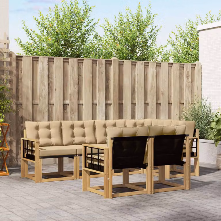 Set di divani da esterno vidaXL 7 pz in legno di acacia con cuscini Bianco e Beige