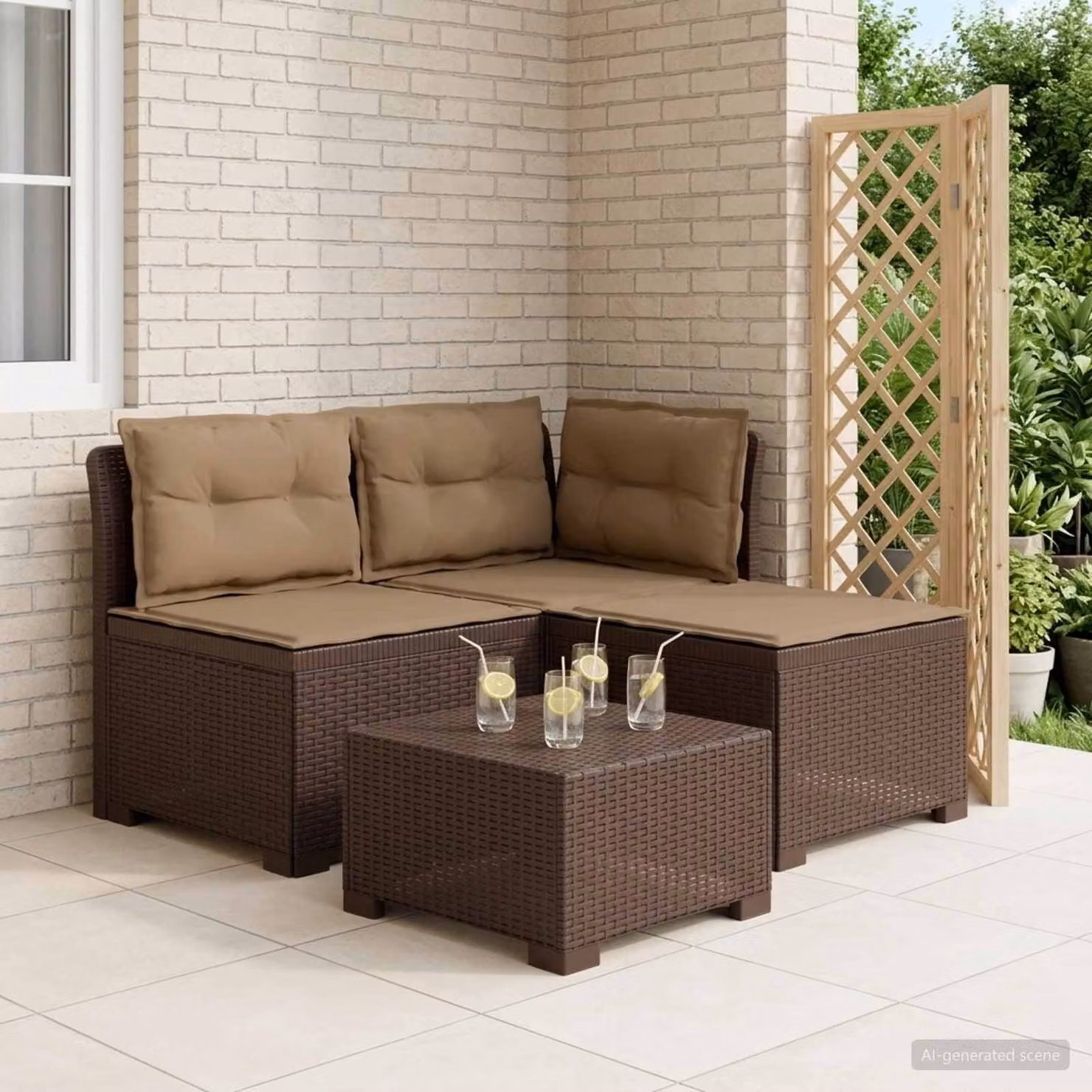 Divano da giardino a L con 3 posti vidaXL in look rattan marrone con cuscini imbottiti e coperture rimovibili