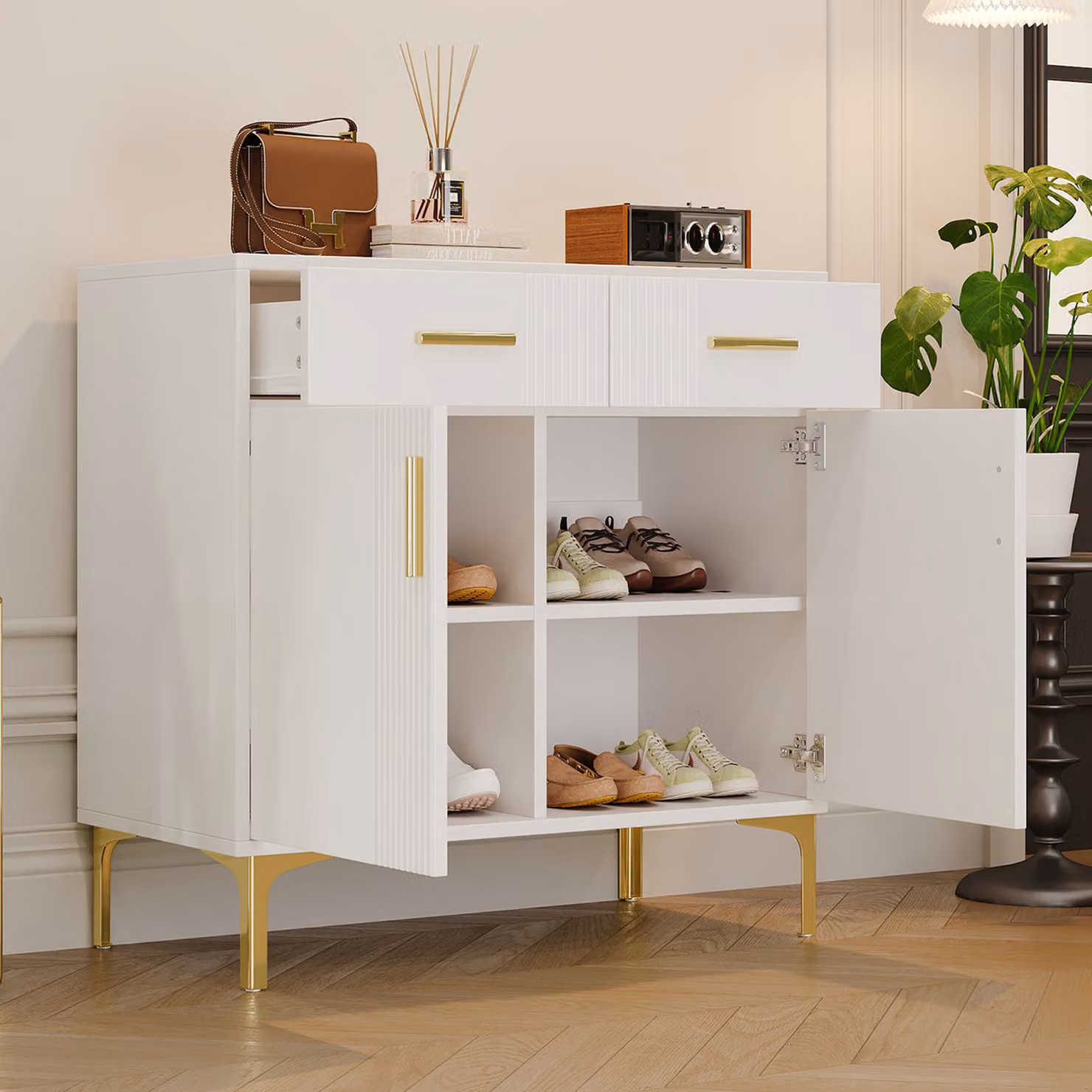 MODFU Mobile da cucina con 2 cassetti, cassettiera a 2 ante, mobile aggiuntivo con maniglie e piedini in metallo, bianco