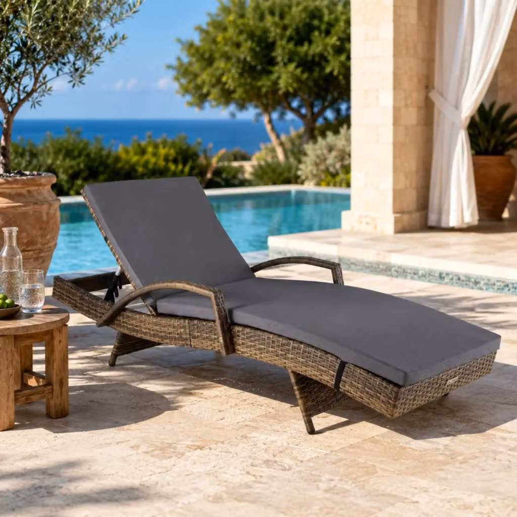Lettino prendisole reclinabile in polyrattan ARREDITALY con schienale regolabile e cuscino imbottito, marrone e grigio, L: 190 cm, P: 62 cm, H: 34 cm – 2