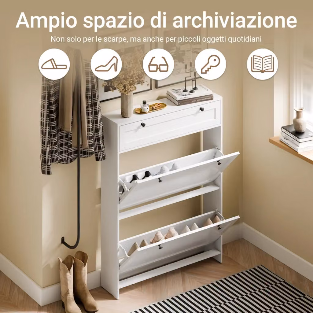 SoBuy FSR207-W Scarpiera Salvaspazio Slim in Legno Bianca con 2 Ante a Ribalta e 1 Cassetto, L: 80 cm, P: 19 cm, H: 107 cm – 2