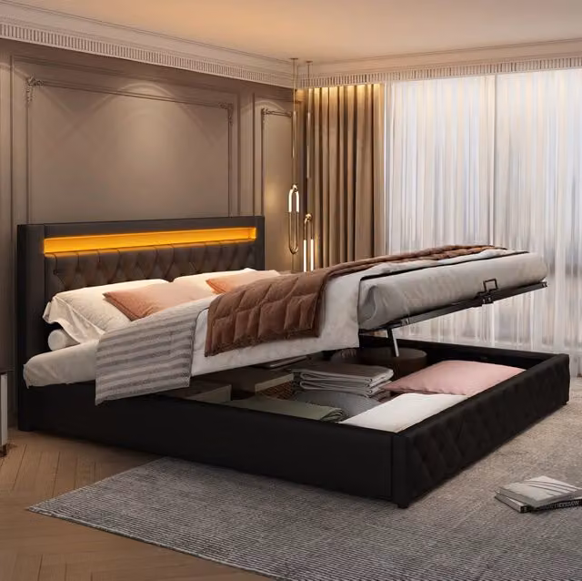 Letto imbottito 140 x 190 cm con sommier a doghe, contenitore idraulico e illuminazione LED, rivestimento in PU nero