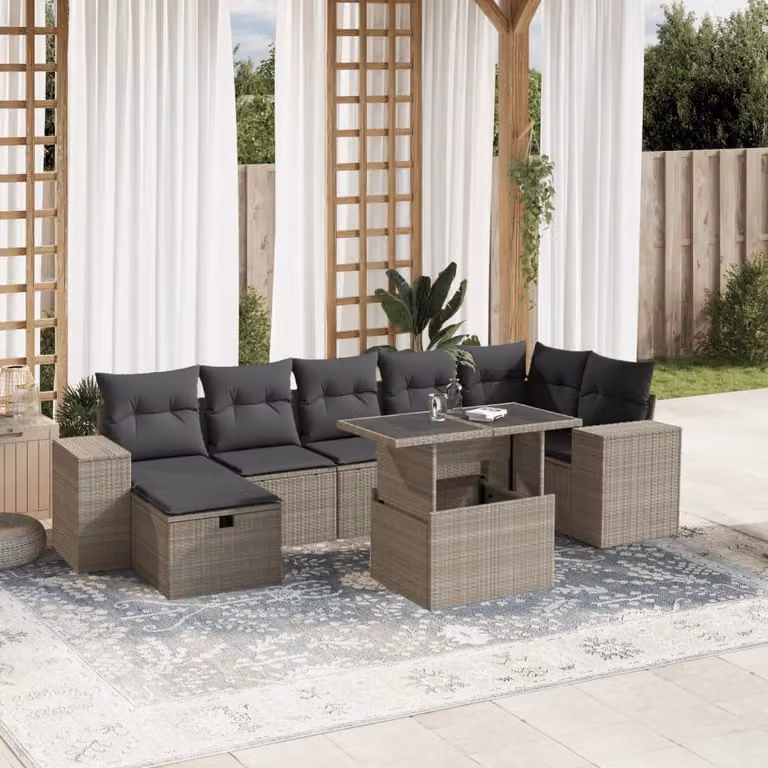 vidaXL Set Divano da Giardino a L in Polyrattan Grigio con 8 Pezzi e Cuscini Imbottiti