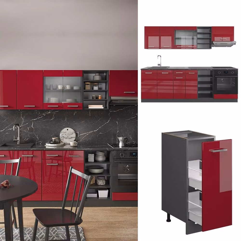 Cucina componibile moderna R-Line Vicco in rosso lucido e antracite con dettagli in rovere, L: 240 cm – 2