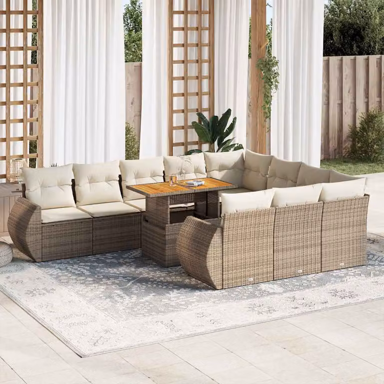 Set di divani da giardino vidaXL in polyrattan beige con cuscini e tavolino da esterno 11 pz