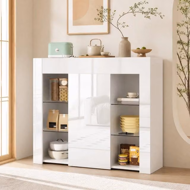 Credenza moderna MODFU bianca con frontale lucido e ripiani in vetro trasparente L/P/H: 95 x 35 x 83 cm