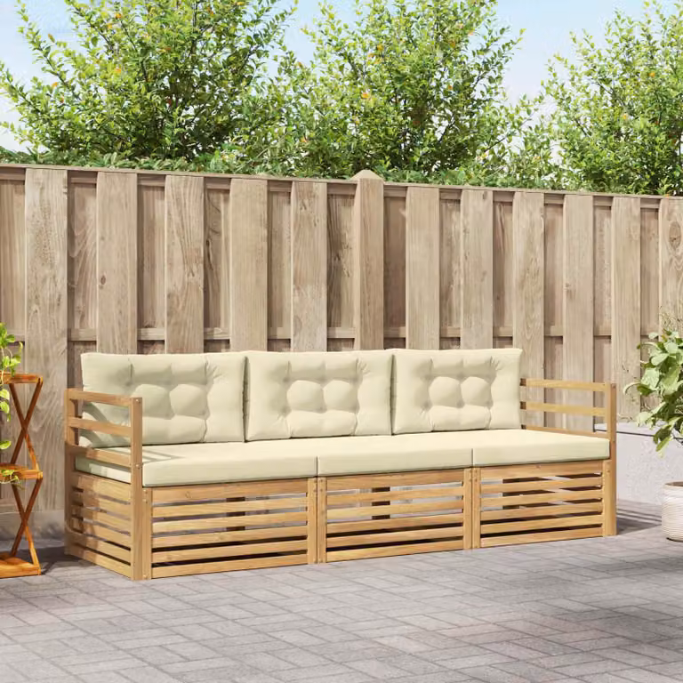 Set di divani da esterno da 3 posti vidaXL in legno di acacia con cuscini bianchi e beige in poliestere resistente ai raggi UV