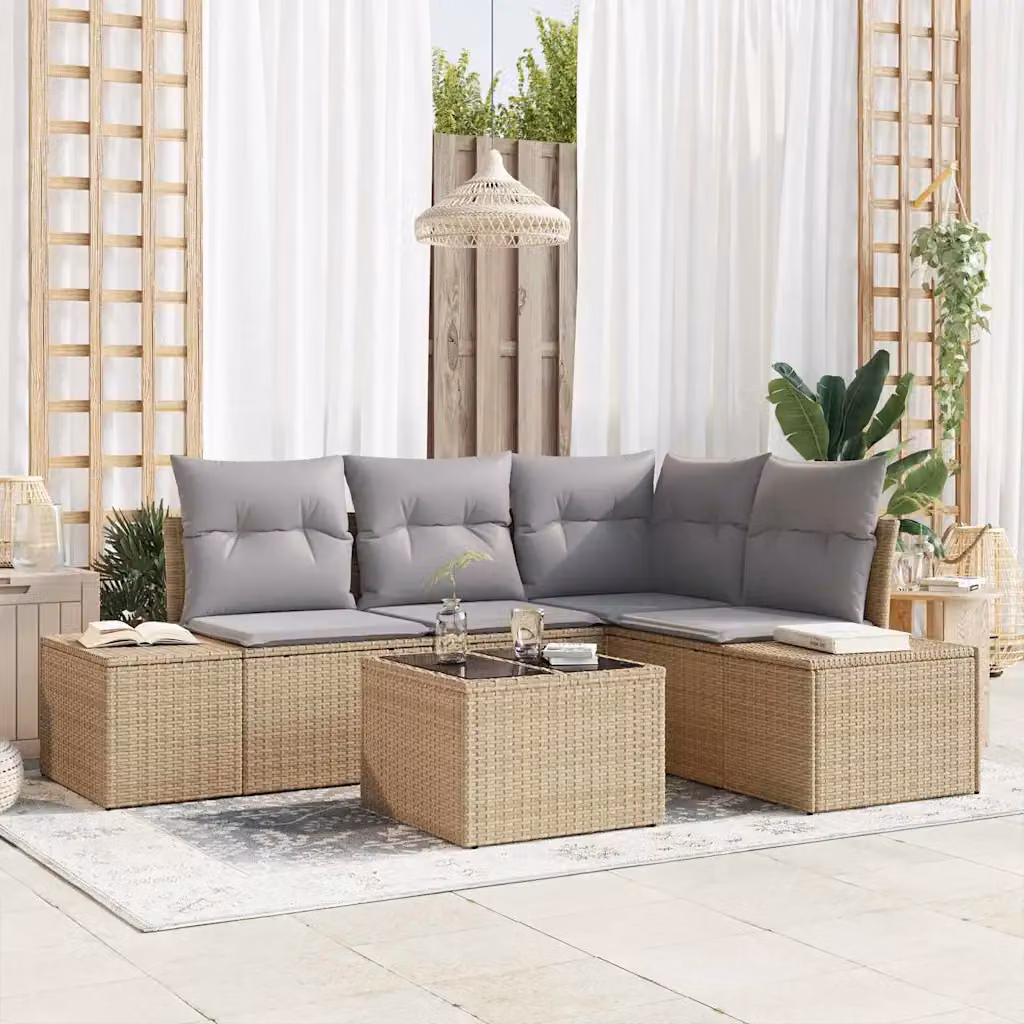 Set Divano da Giardino a L vidaXL 5 Pezzi Beige con Cuscini e Tavolino in Polyrattan e Acciaio